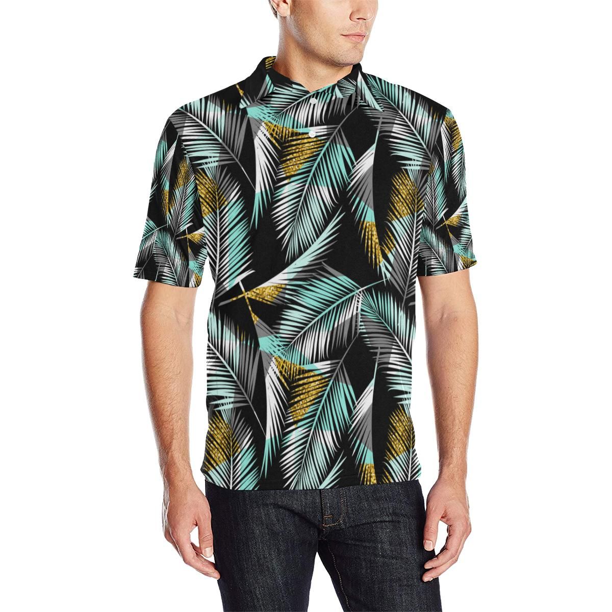 Gold Glitter Cyan Tropical Palm Leaves Men Polo Shirt Gold Glitter Cyan Tropical Palm Leaves Men Polo Shirt