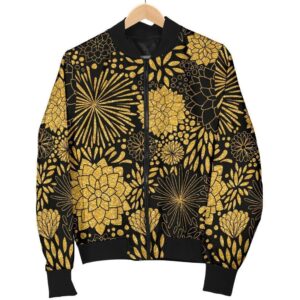 Gold Glitter Floral Pattern Print Women Casual Bomber Jacket
