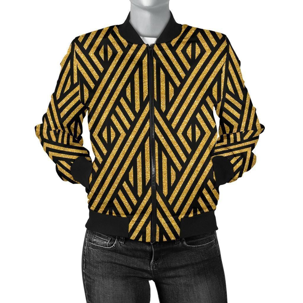 Gold-Glitter-Pattern-Print-Women-Casual-Bomber-Jacket-1