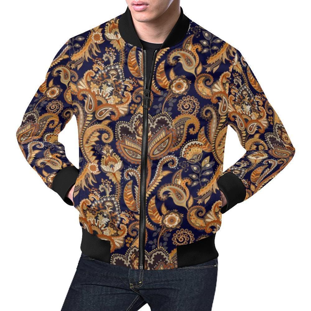 Gold Paisley Pattern Print Mens Bomber Jacket Gold Paisley Pattern Print Mens Bomber Jacket