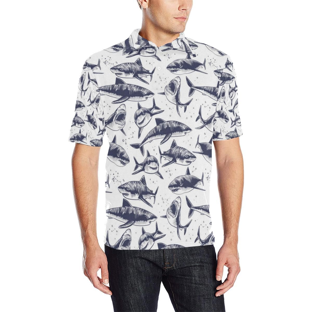 Great White Shark Pattern Print Design 02 Men Polo Shirt Great White Shark Pattern Print Design 02 Men Polo Shirt
