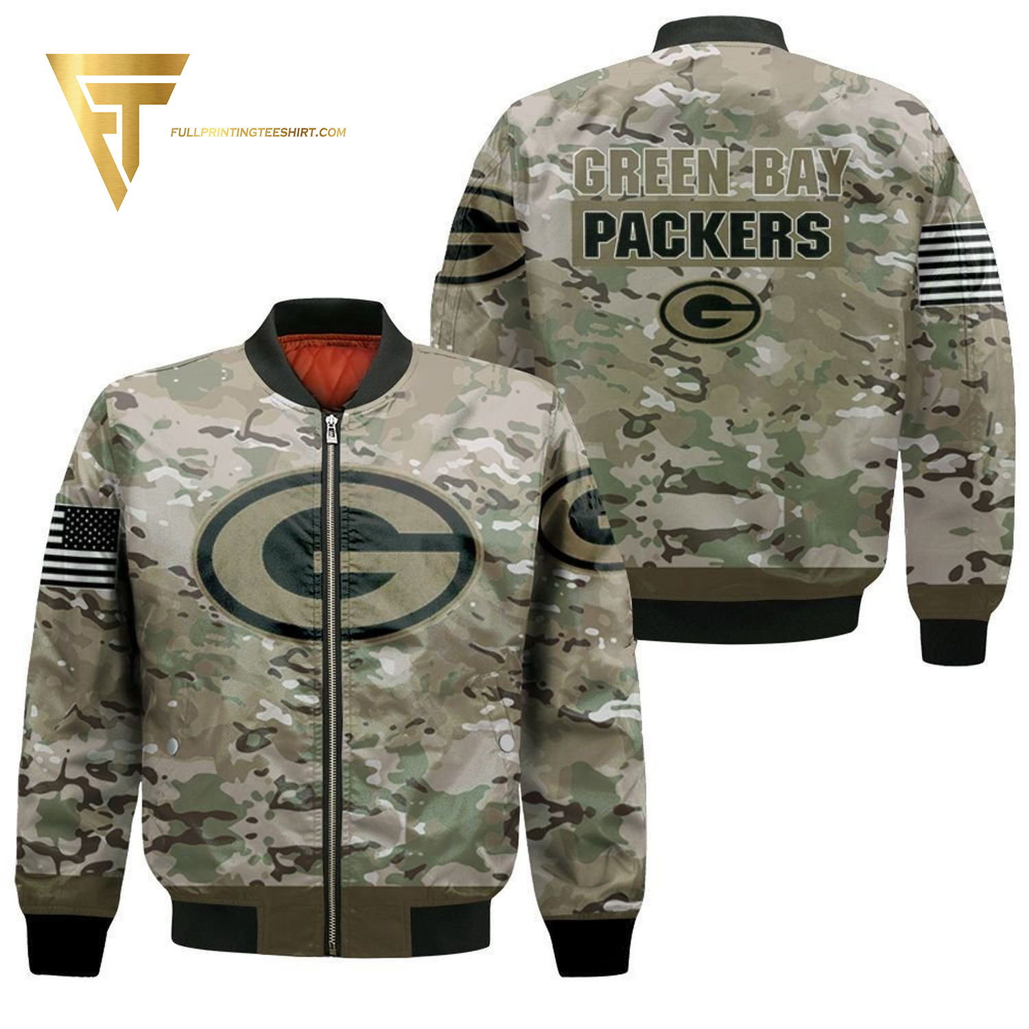 Green Bay Packers Camo Full Print Bomber Jacket Green Bay Packers Camo Full Print Bomber Jacket