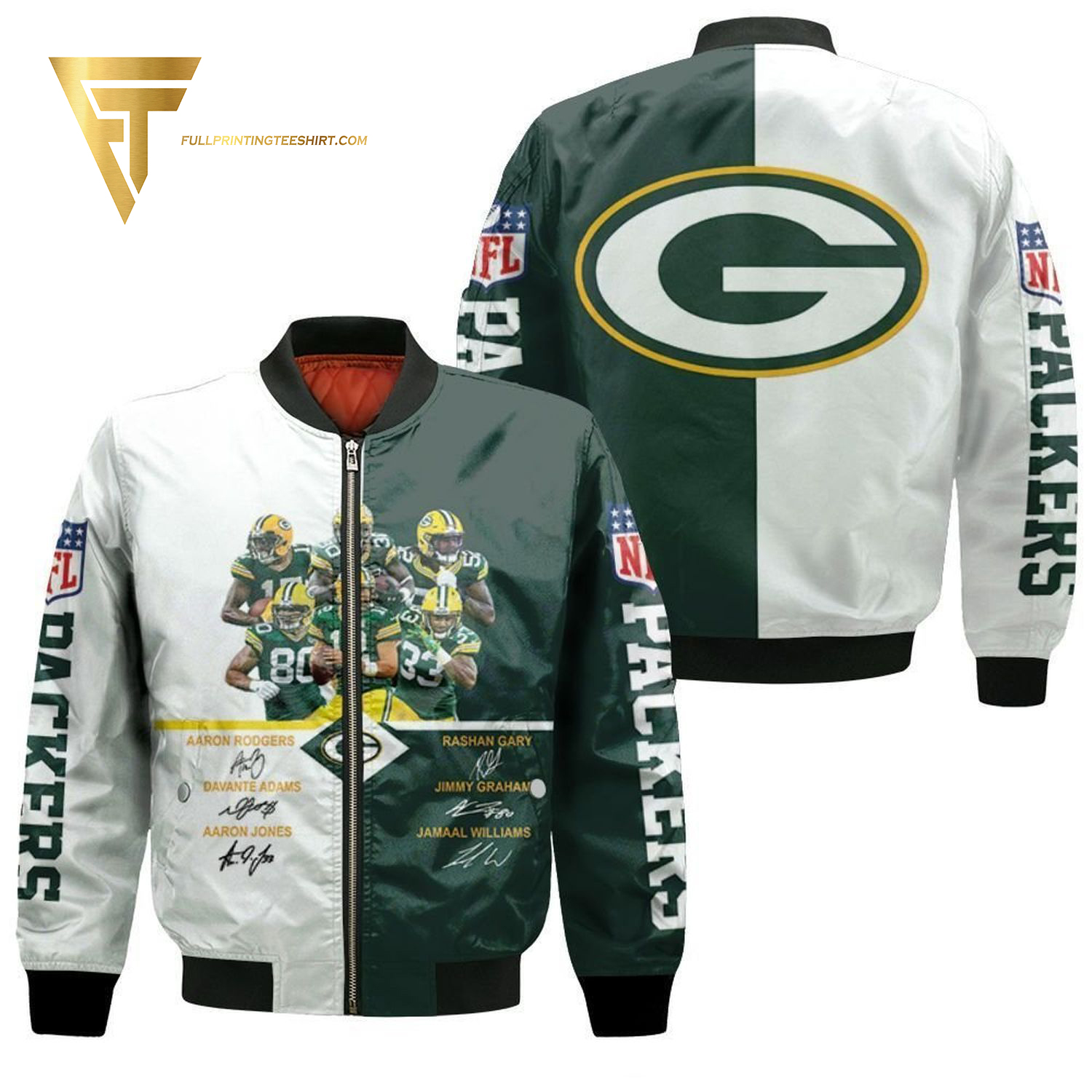 Green Bay Packers Signatures Full Print Bomber Jacket Green Bay Packers Signatures Full Print Bomber Jacket