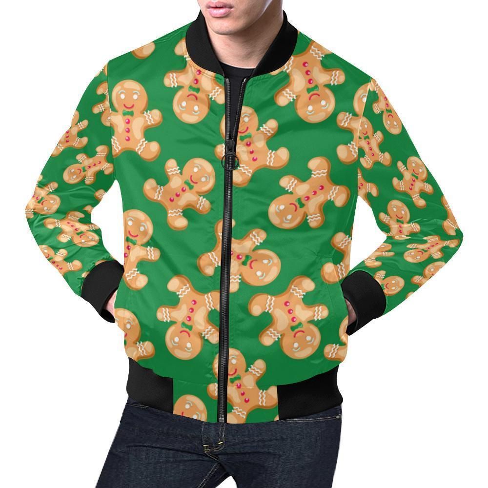 Green Gingerbread Man Chirstmas Pattern Print Mens Bomber Jacket Green Gingerbread Man Chirstmas Pattern Print Mens Bomber Jacket