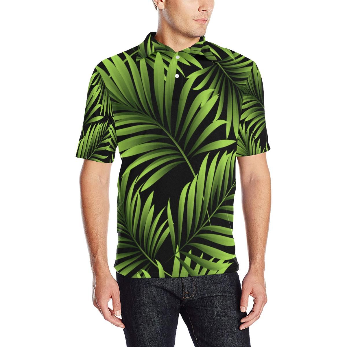Green Neon Tropical Palm Leaves Men Polo Shirt Green Neon Tropical Palm Leaves Men Polo Shirt
