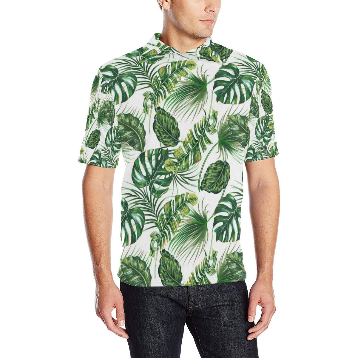 Green Pattern Tropical Palm Leaves Men Polo Shirt Green Pattern Tropical Palm Leaves Men Polo Shirt