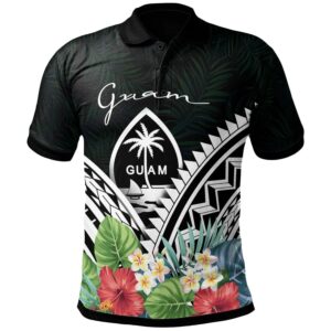 Guam Polo Shirt - Guam Coat of Arms & Polynesian Tropical Flowers White - BN22