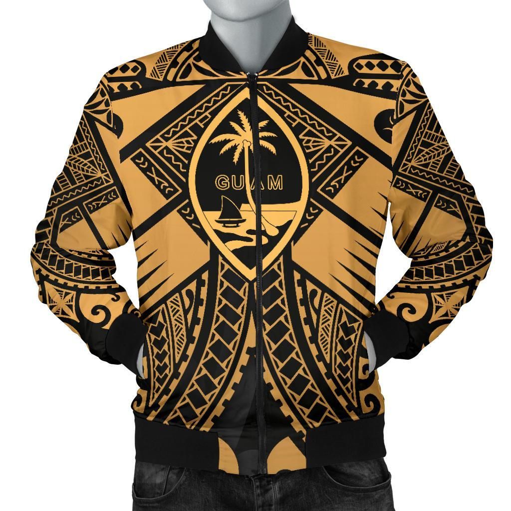 Guam Polynesian Men's Bomber Jacket - Guam Gold Seal with Polynesian Tattoo - BN18 Bomber Jacket Guam Polynesian Men's Bomber Jacket - Guam Gold Seal with Polynesian Tattoo - BN18 Bomber Jacket