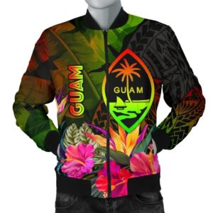 Guam Polynesian Men's Bomber Jacket -  Hibiscus and Banana Leaves - BN15 Bomber Jacket