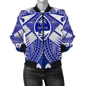 Guam Polynesian Women's Bomber Jacket  - Guam White Seal with Polynesian Tattoo Ver 02 - BN18 Bomber Jacket