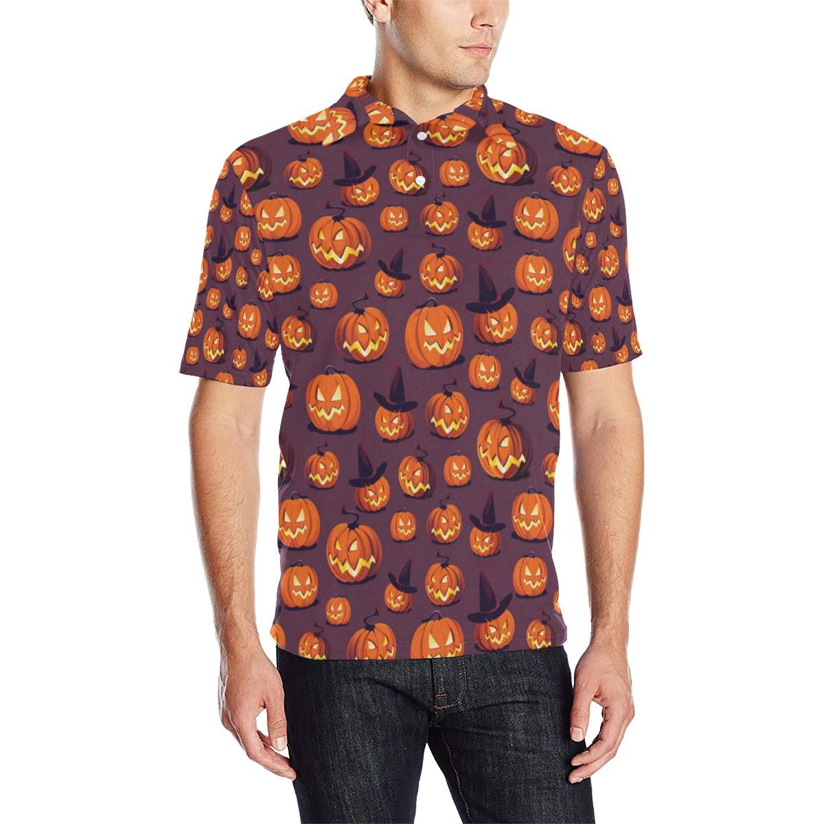 Halloween Pumpkin Pattern Print Design 03 Men Polo Shirt Halloween Pumpkin Pattern Print Design 03 Men Polo Shirt