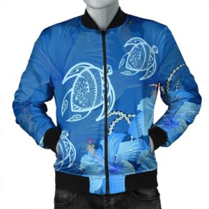 Hawaii Blue Hibiscus Turtle Polynesian Bomber Jacket - AH - J4R Bomber Jacket