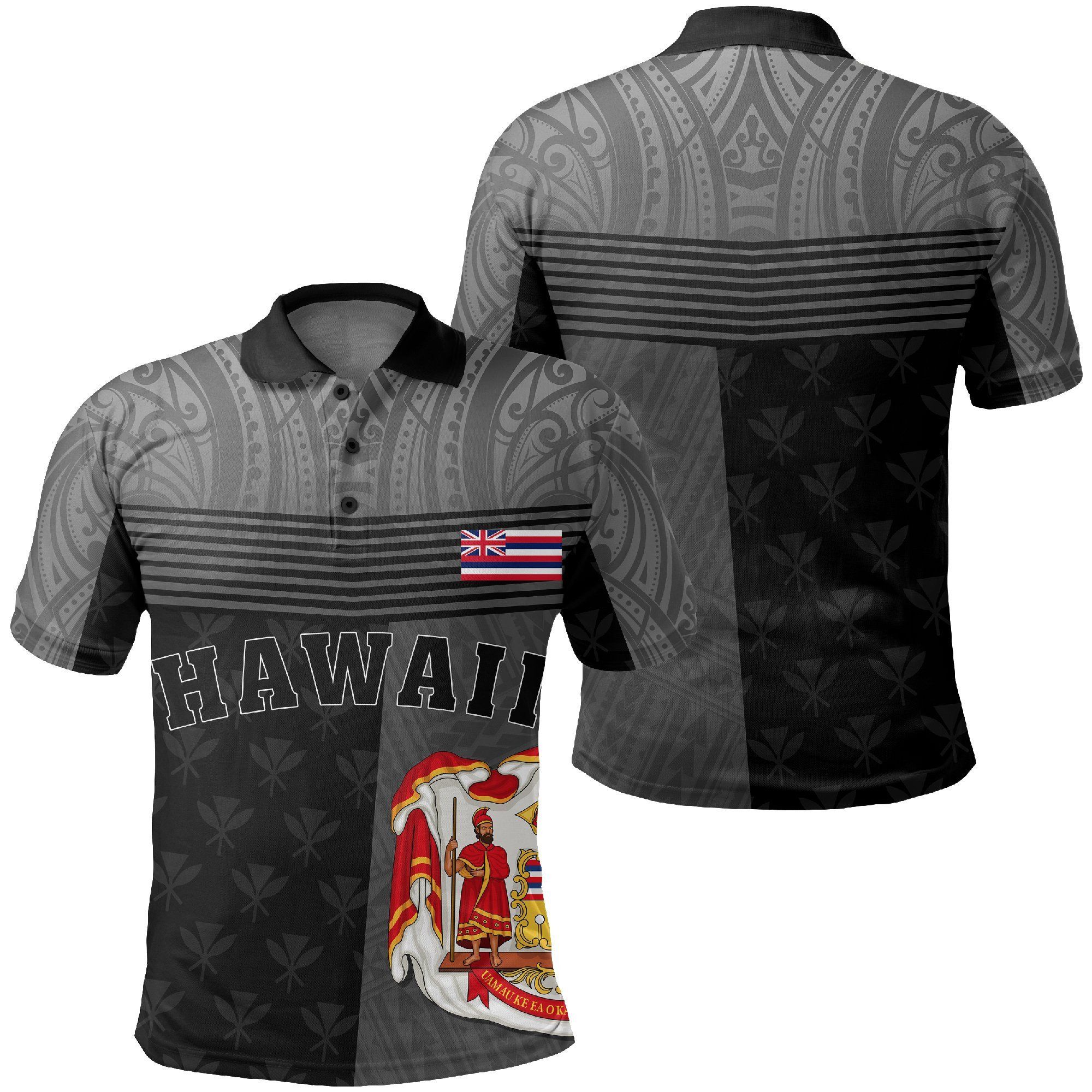 Hawaii King State Polynesian Polo Shirt Gray Mult AH J1 Hawaii King State Polynesian Polo Shirt Gray Mult AH J1