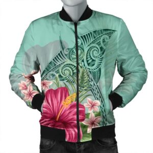 Hawaii Manta Ray Tropical Hibiscus Plumeria Bomber Jacket - AH - J4R