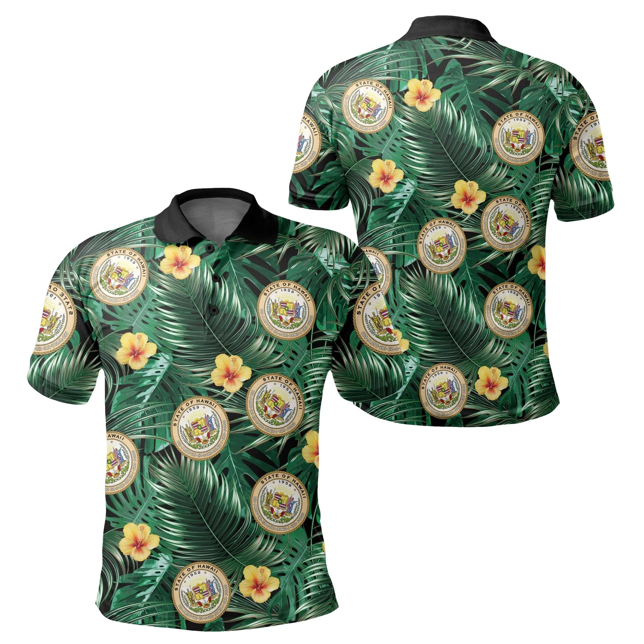 Hawaii Map Coat Of Arms Tropical Summer Style Polo Shirt - AH - J5 Hawaii Map Coat Of Arms Tropical Summer Style Polo Shirt - AH - J5