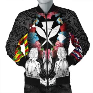 Hawaii Map Kanaka Two Men Holding Flag Bomber Jacket - AH - J5R Bomber Jacket