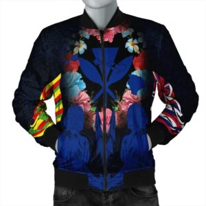 Hawaii Map Kanaka Two Men Holding Flag Bomber Jacket Blue - AH - J5R Bomber Jacket