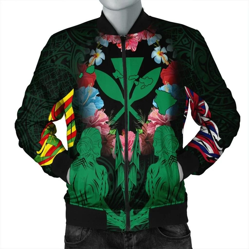 Hawaii Map Kanaka Two Men Holding Flag Bomber Jacket Green - AH - J5R Bomber Jacket Hawaii Map Kanaka Two Men Holding Flag Bomber Jacket Green - AH - J5R Bomber Jacket