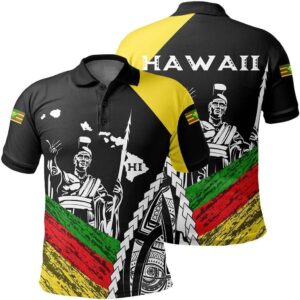 Hawaii Map Polynesian Kanaka King Kamehameha Polo Shirt - Black - AH - J6