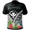Hawaii Polo Shirt - Hawai Coat of Arms & Polynesian Tropical Flowers White - BN22