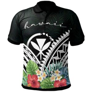 Hawaii Polo Shirt - Hawai Coat of Arms & Polynesian Tropical Flowers White - BN22