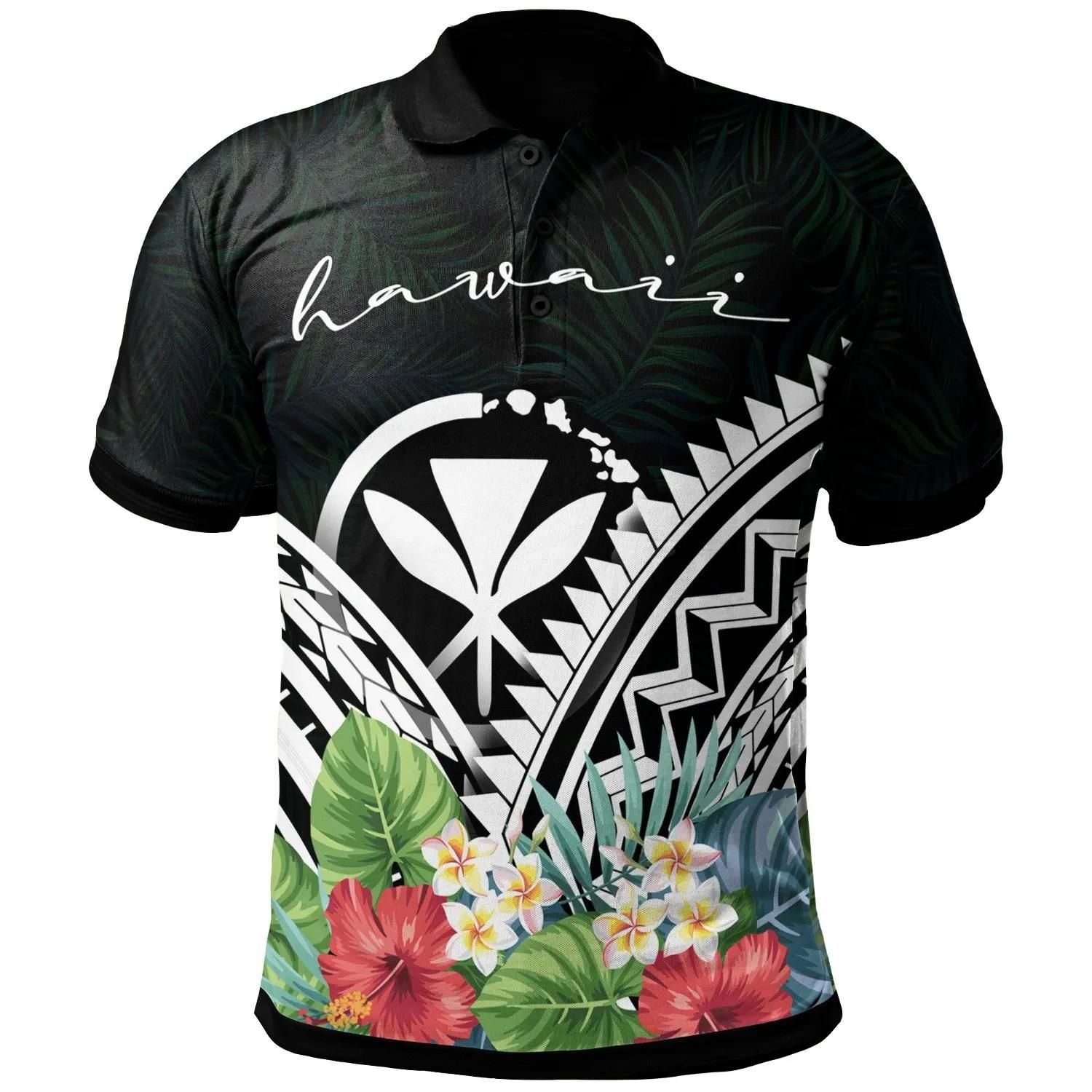 Hawaii Polo Shirt - Hawai Coat of Arms & Polynesian Tropical Flowers White - BN22 Hawaii Polo Shirt - Hawai Coat of Arms & Polynesian Tropical Flowers White - BN22