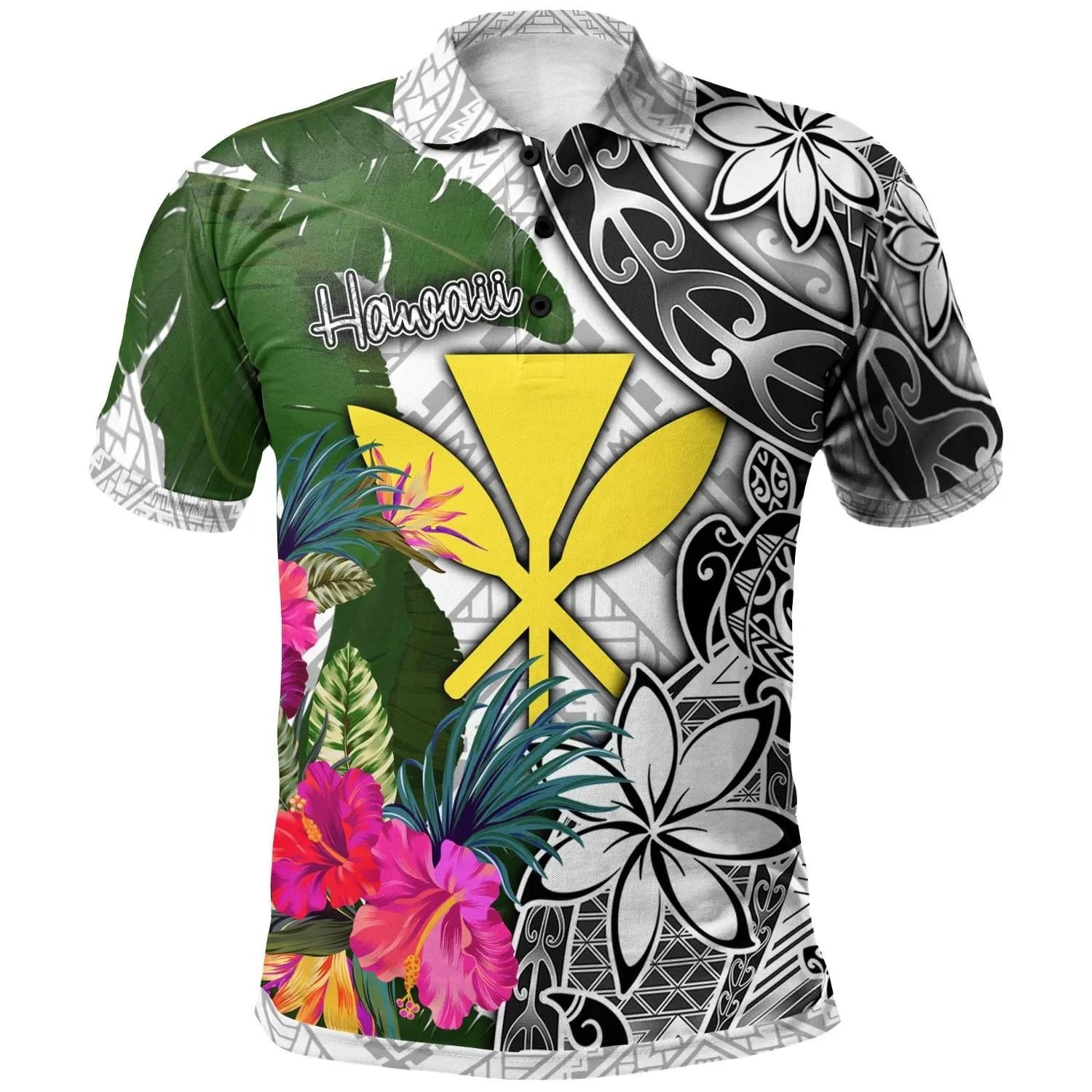 Hawaii Polo Shirt White - Turtle Plumeria Banana Leaf - BN11 Hawaii Polo Shirt White - Turtle Plumeria Banana Leaf - BN11