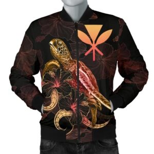 Hawaii  Polynesian Men's Bomber Jacket - Turtle With Blooming Hibiscus Gold - BN22 Bomber Jacket