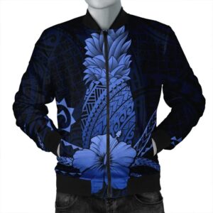 Hawaii Polynesian Pineapple Hibiscus Bomber Jacket - Blue - AH - J4R Bomber Jacket