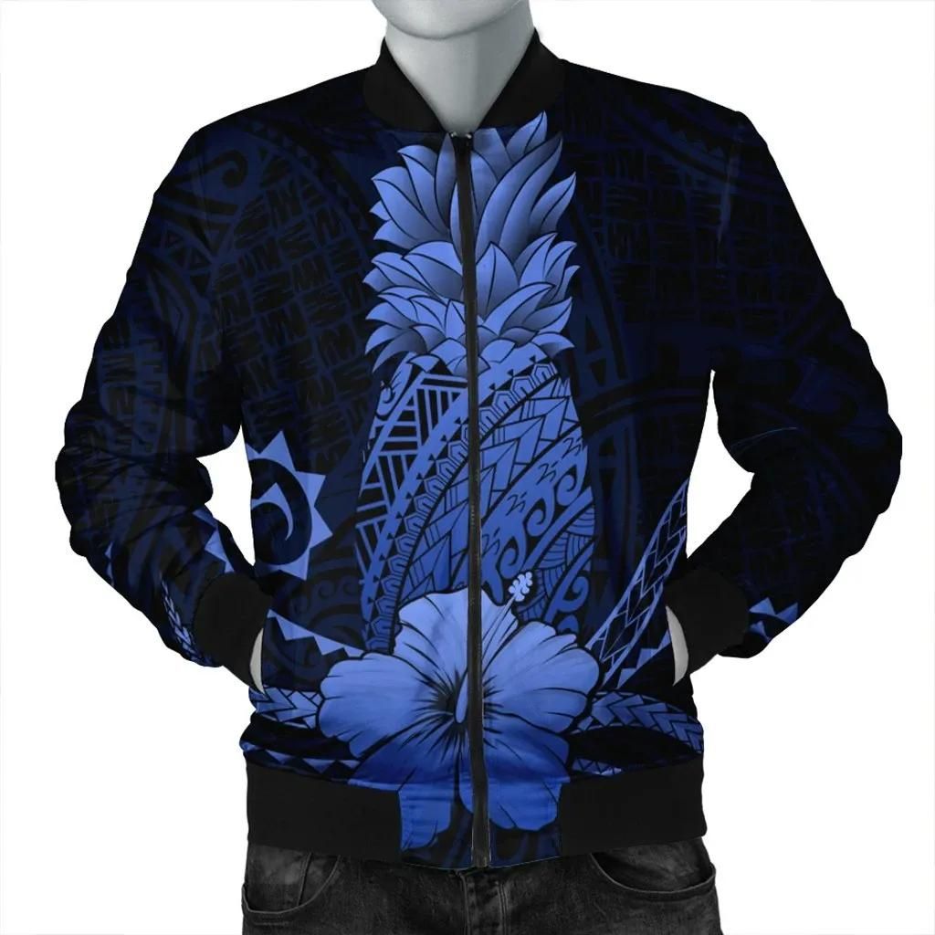 Hawaii Polynesian Pineapple Hibiscus Bomber Jacket - Blue - AH - J4R Bomber Jacket Hawaii Polynesian Pineapple Hibiscus Bomber Jacket - Blue - AH - J4R Bomber Jacket