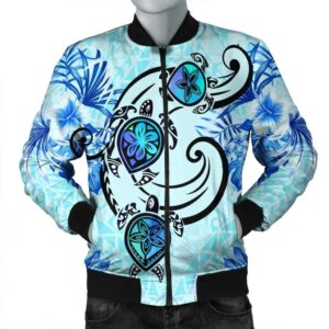 Hawaii Polynesian Plumeria Hibiscus Turtle Bomber Jacket - AH - Jack Style - Blue - J5R Bomber Jacket