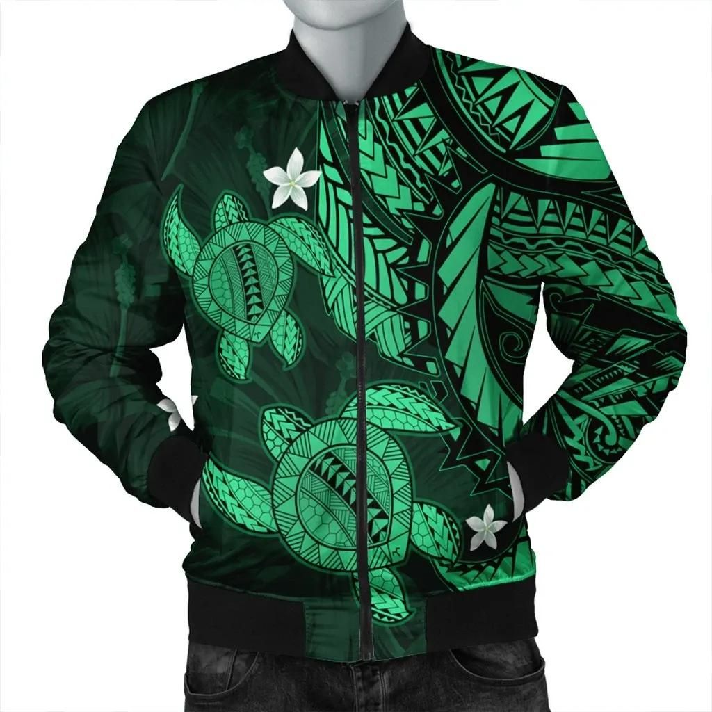 Hawaii Polynesian Turtle Hibiscus Bomber Jacket - Green - AH - J4R Bomber Jacket Hawaii Polynesian Turtle Hibiscus Bomber Jacket - Green - AH - J4R Bomber Jacket