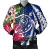 Hawaii Polynesian Turtle Tropical Hibiscus Plumeria Bomber Jacket - Blue - AH - J4R