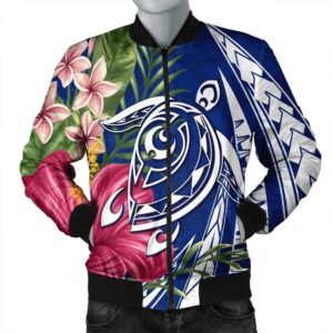 Hawaii Polynesian Turtle Tropical Hibiscus Plumeria Bomber Jacket - Blue - AH - J4R