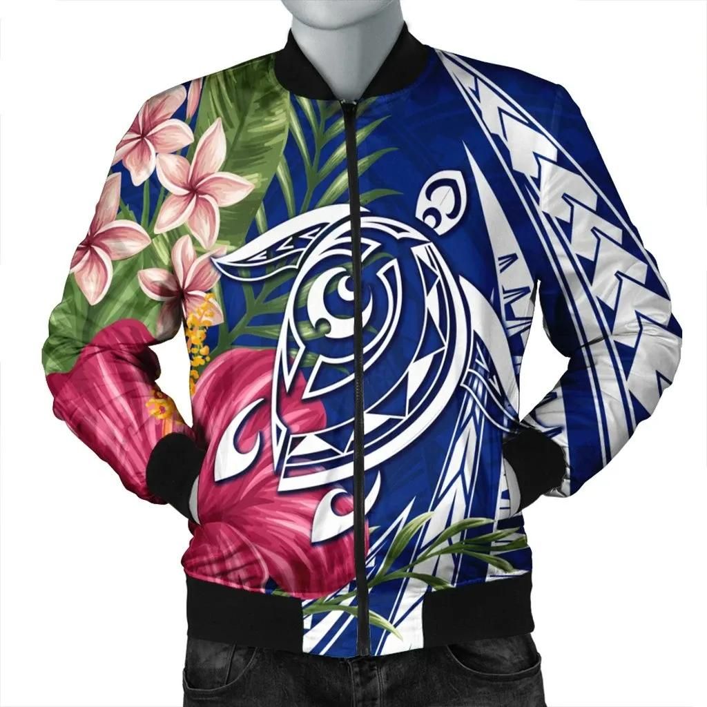 Hawaii Polynesian Turtle Tropical Hibiscus Plumeria Bomber Jacket - Blue - AH - J4R Hawaii Polynesian Turtle Tropical Hibiscus Plumeria Bomber Jacket - Blue - AH - J4R
