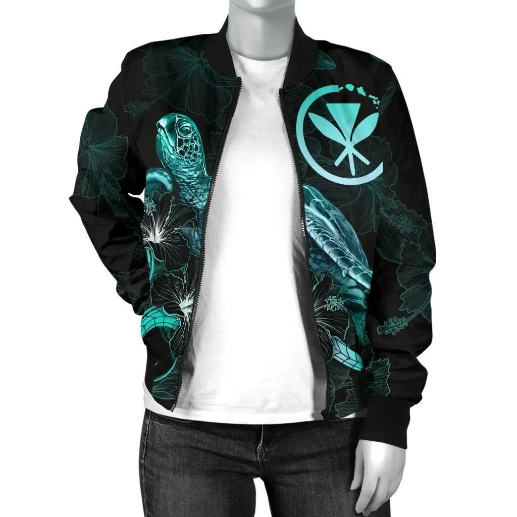 Hawaii-Polynesian-Womens-Bomber-Jacket-Turtle-With-Blooming-Hibiscus-Turquoise-BN22-Bomber-Jacket-2