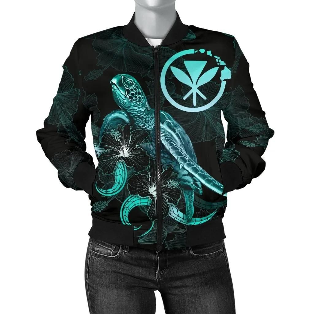 Hawaii Polynesian Women's Bomber Jacket - Turtle With Blooming Hibiscus Turquoise - BN22 Bomber Jacket Hawaii Polynesian Women's Bomber Jacket - Turtle With Blooming Hibiscus Turquoise - BN22 Bomber Jacket