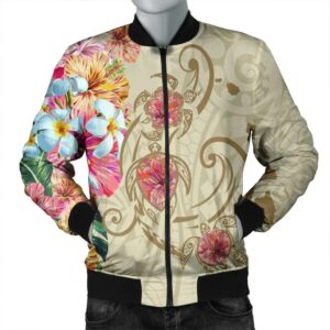 Hawaii Triple Marble Turtle Polynesian Hibiscus Bomber Jacket - AH - Benjamin Style - Beige - J5R Bomber Jacket