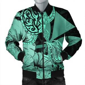 Hawaii Turtle Bomber Jacket Polynesian Hibiscus Art Ver 2.0 Turquoise - AH - JR