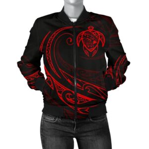 Hawaii Turtle Map Polynesian Women's Bomber Jacket - Red - Frida Style - AH J9 Bomber Jacket