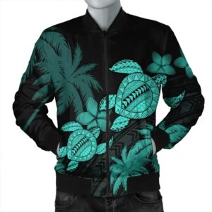Hawaii Turtle Plumeria Coconut Tree Polynesian Bomber Jacket - Turquoise - AH - J4R Bomber Jacket