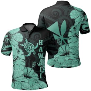 Hawaii Turtle Polo Shirt Polynesian Hibiscus Art Ver 2.0 Turquoise AH J1