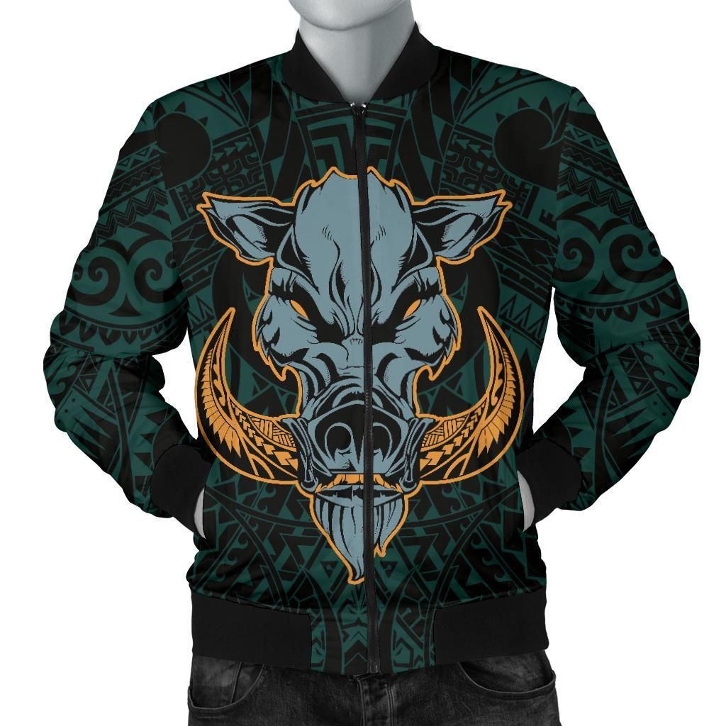 Hawaii Wild Boar Kamapua'a Men's Bomber Jacket - Turquoise - Hawaiian Mythology Style - AH - J6 Bomber Jacket Hawaii Wild Boar Kamapua'a Men's Bomber Jacket - Turquoise - Hawaiian Mythology Style - AH - J6 Bomber Jacket