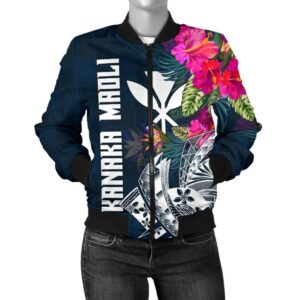 Hawaii Women's Bomber Jacket - Polynesian Hibiscus with Summer Vibes - BN15 Bomber Jacket