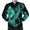 Hawaiian Anchor Poly Tribal Hibiscus Polynesian Bomber Jacket Turquoise - AH - JR Bomber Jacket
