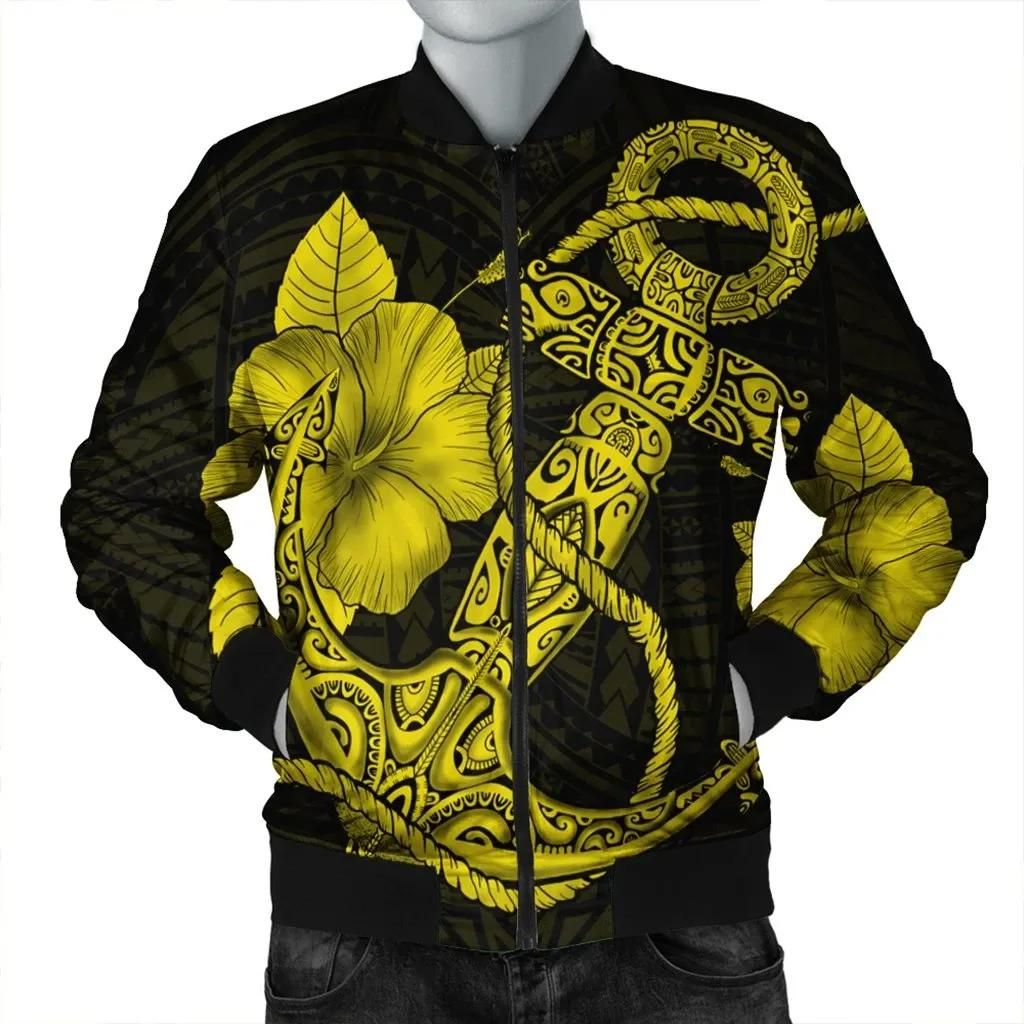 Hawaiian Anchor Poly Tribal Hibiscus Polynesian Bomber Jacket Yellow - AH - JR Hawaiian Anchor Poly Tribal Hibiscus Polynesian Bomber Jacket Yellow - AH - JR