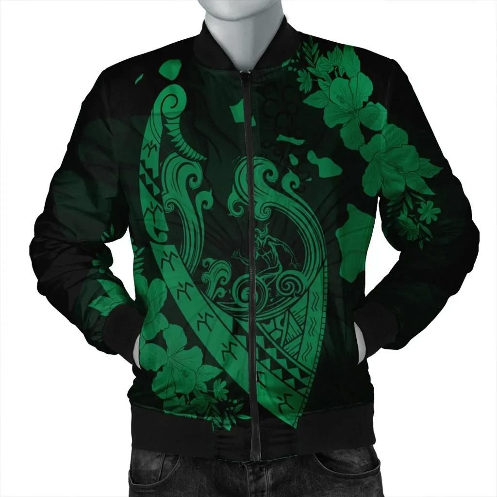 Hawaiian Fish Hook Hibiscus Banzai Surfing Polynesian Bomber Jacket Green - AH - J5R Bomber Jacket Hawaiian Fish Hook Hibiscus Banzai Surfing Polynesian Bomber Jacket Green - AH - J5R Bomber Jacket