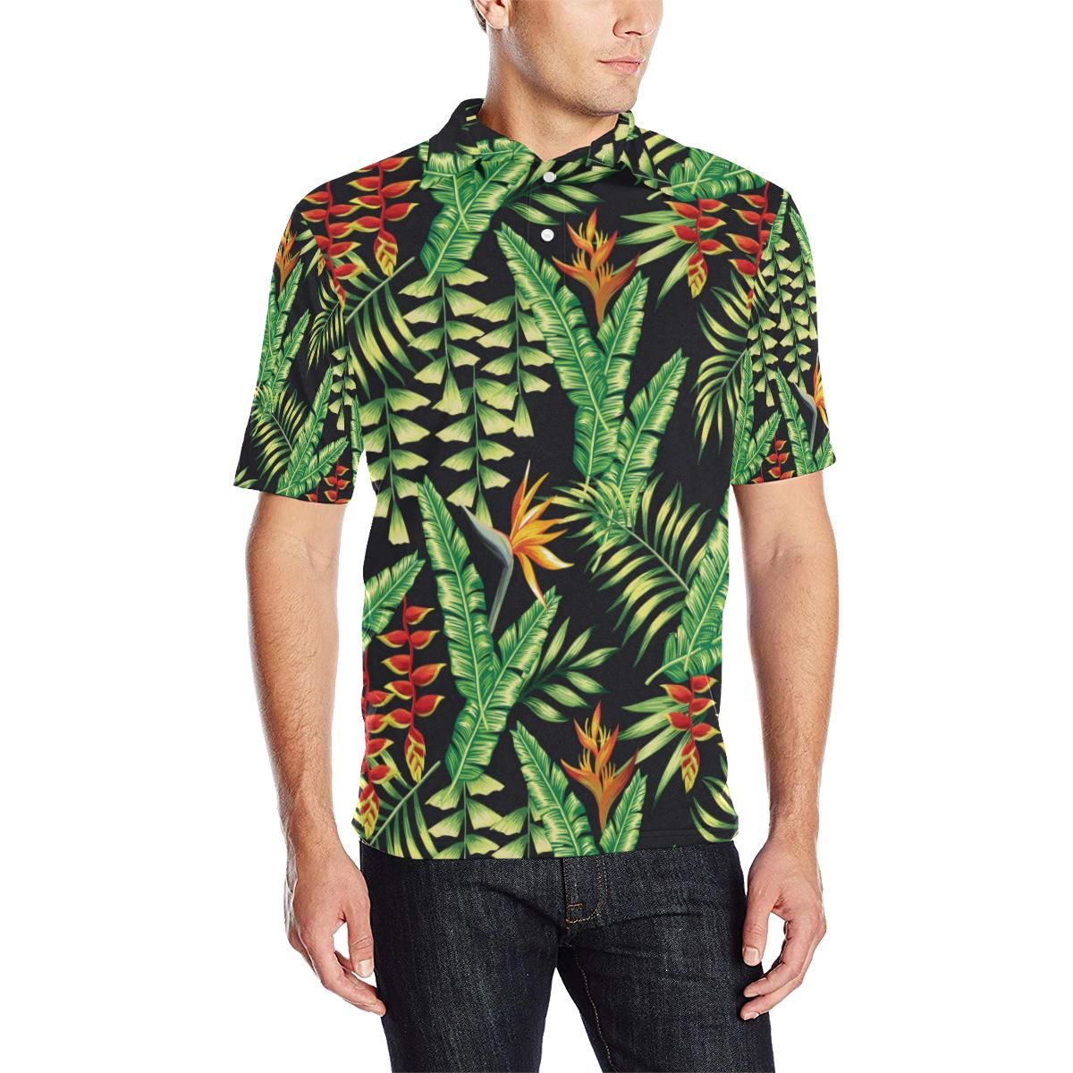 Hawaiian Flower Tropical Palm Leaves Men Polo Shirt Hawaiian Flower Tropical Palm Leaves Men Polo Shirt