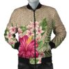 Hawaiian Hibiscus Plumeria Palm Leaves Lauhala Background Polynesian Bomber Jacket - AH - A0 Bomber Jacket
