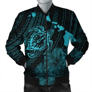 Hawaiian Hibiscus Sea Turtle Swim Polynesian Bomber Jacket - Blue - AH - J5R Bomber Jacket